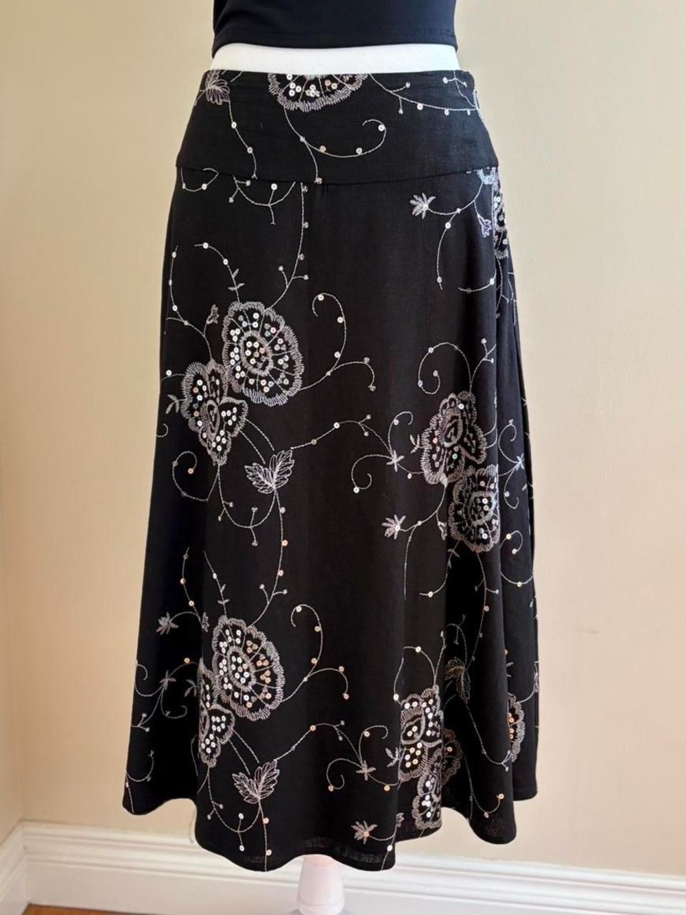 Vintage Y2K linen midi skirt boho fairy embroidered floral sequin summer 10 M